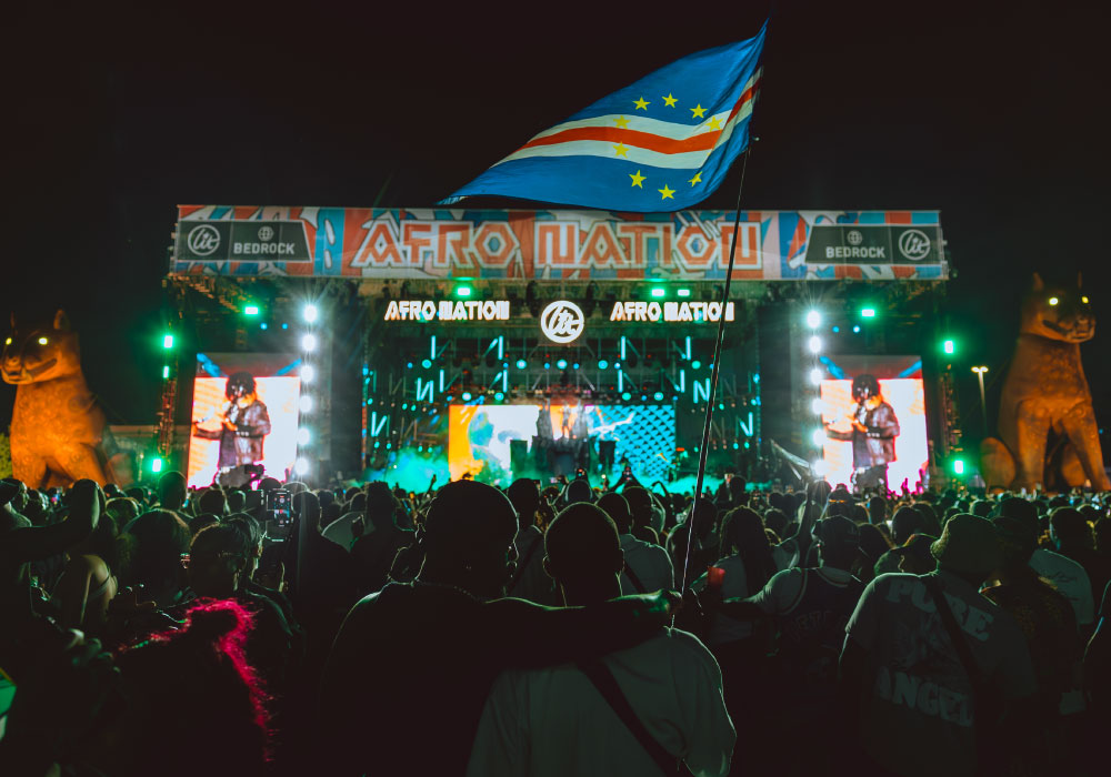 Branding for the main stage of Afro Nation Detroit 2024, featuring the a typeface, african-inspired patterns and a bold colour scheme.