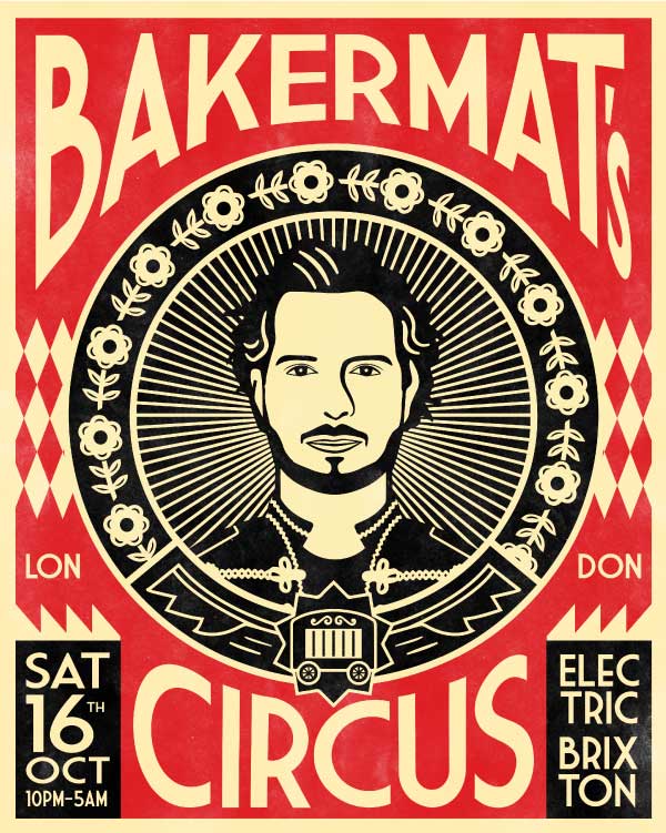Event artwork featuring illustrated portrait and strong typography for Bakermat Circus. Created by Guy Pittard and Creative Footing.