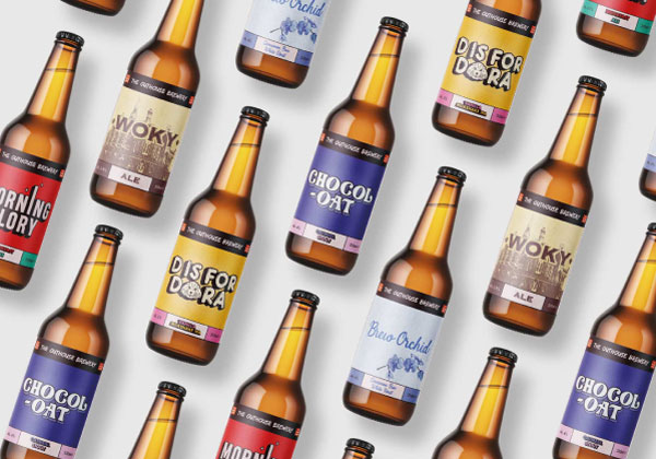 Custom beer labels and keg designs for The Outhouse Brewery. Features bold type and playful illustration. Designed by Creative Footing.