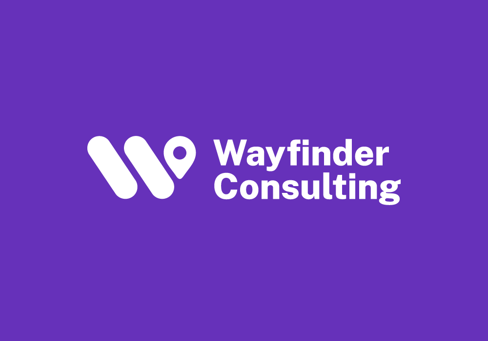 Logo design for Wayfinder Consulting, featuring a minimalist purple and white pinpoint-inspired emblem with clean sans-serif typography.