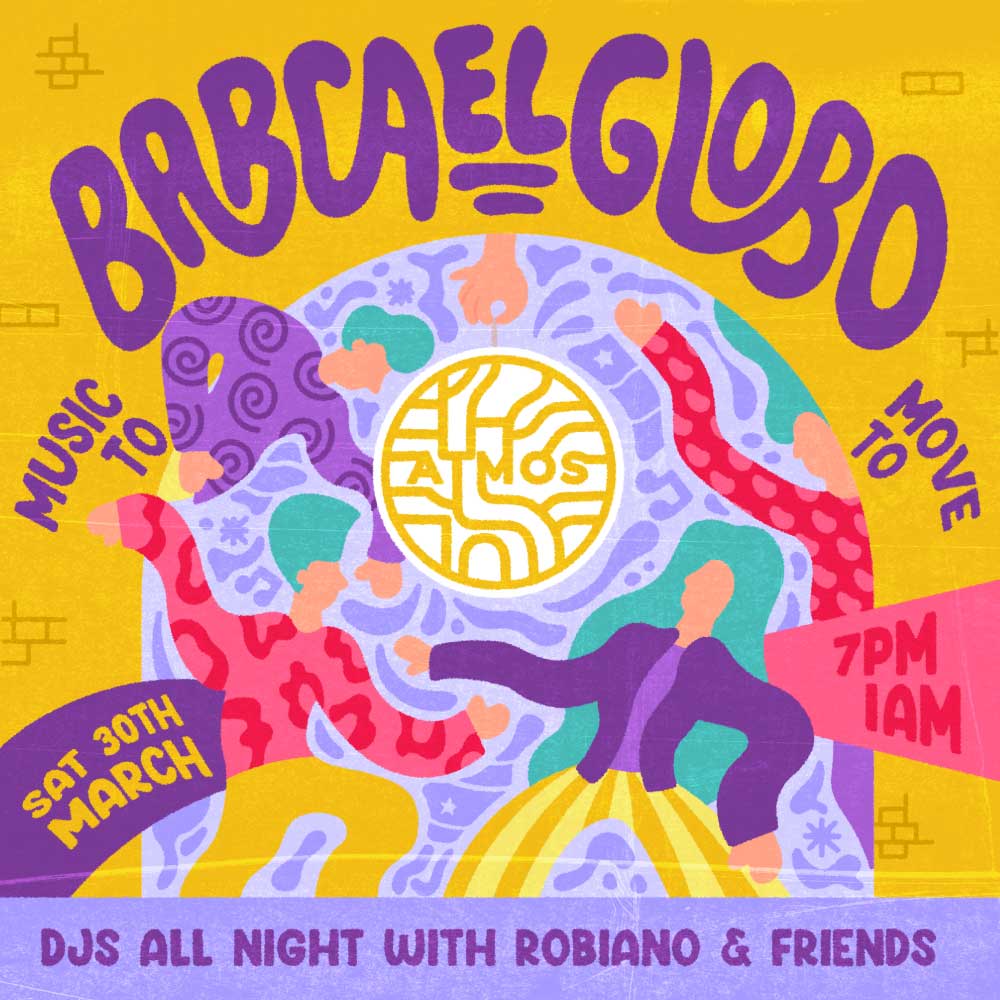 Illustrated event artwork for Newcastle & Tynemouth DJ night ATMOS. Evokes groove and disco vibes through playful design. Created by Creative Footing.