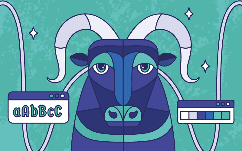 Creative Footing brand codes illustrated with mountain goat mascot, brand colours and typefaces.