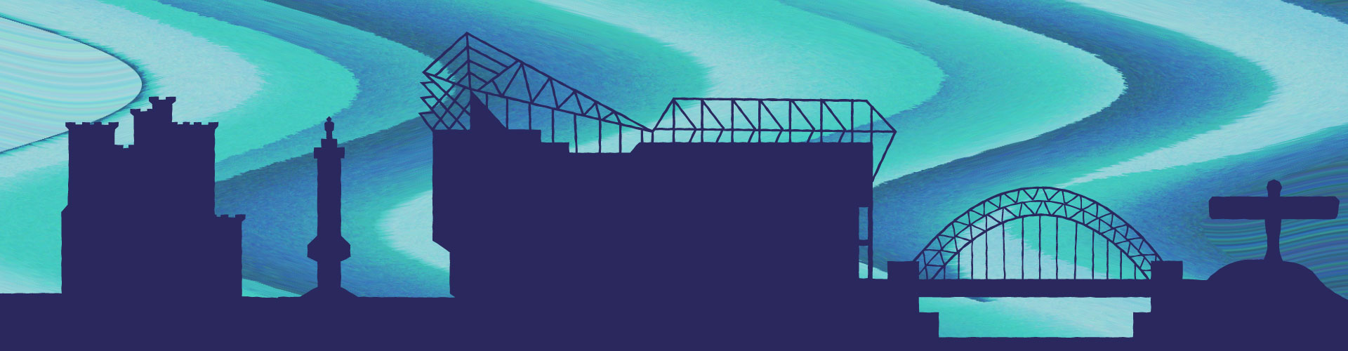 Newcastle city skyline illustration with abstract background by Creative Footing, highlighting freelance graphic design services in the North East.