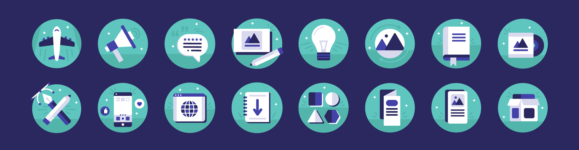 Custom icon set for Creative Footing showcasing a consistent illustrative design style used across the brand’s visual materials.