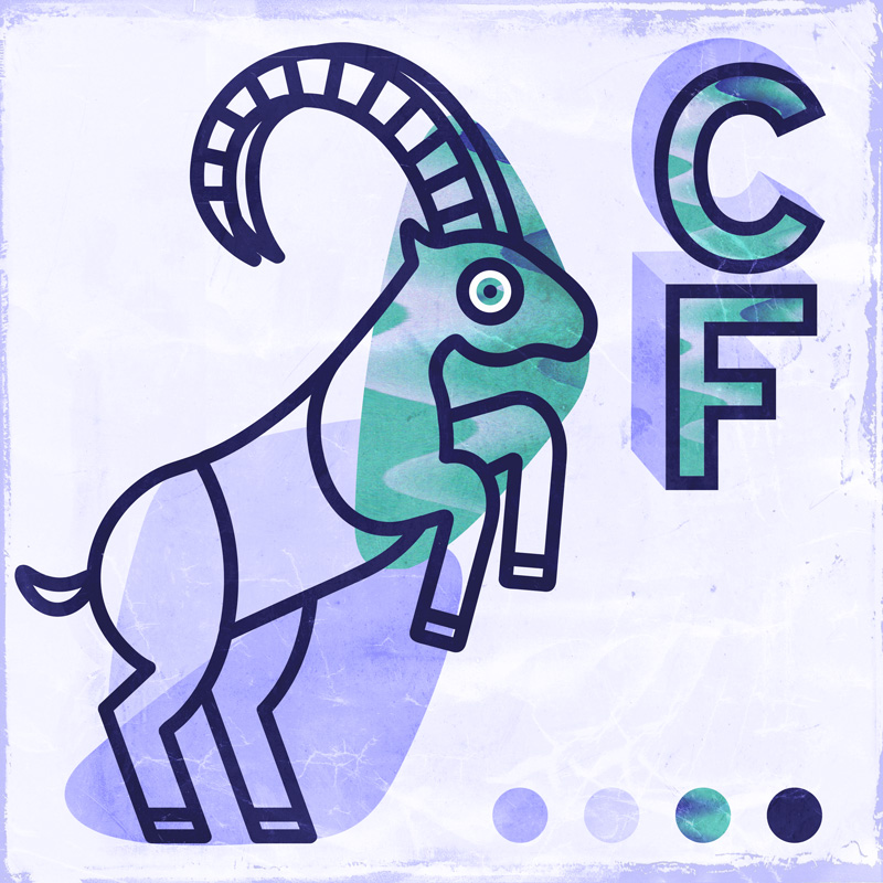 Stylized mountain goat illustration with bold typography and textured elements, enhancing the visual impact.