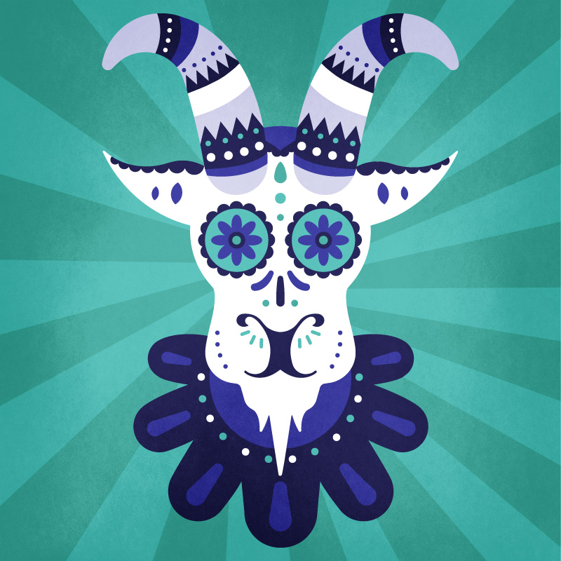 Day of the Dead-inspired mountain goat illustration using Creative Footing’s brand colours.