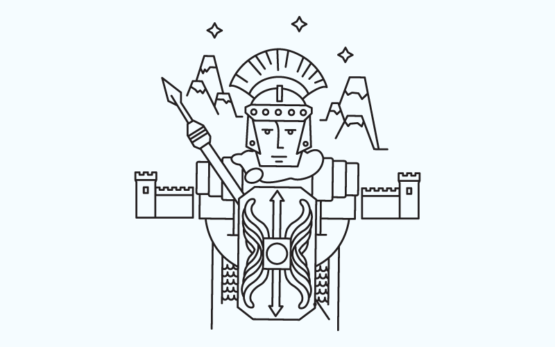 Centurion Roman soldier illustrated before Hadrian’s Wall, celebrating North-East England’s ancient Roman legacy. Created by Creative Footing.