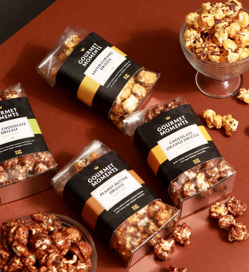 Photography of packaginag for Gourmet Moments show all flavours in a stylised photo shoot