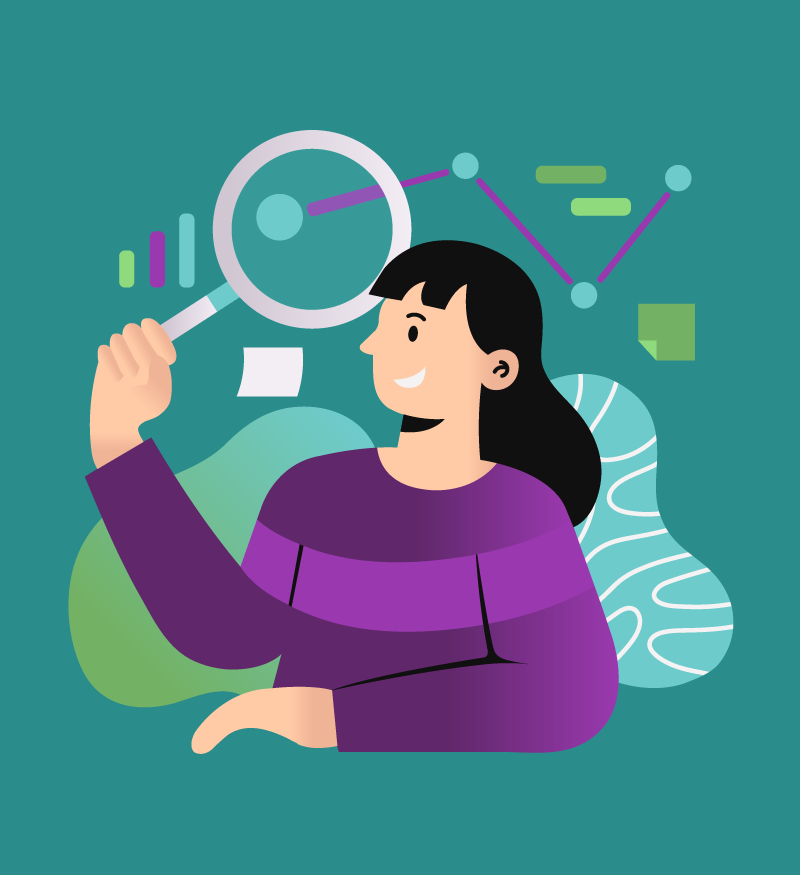 Illustration Design for Insync, featuring a woman holding a magnifying glass looking at analytical data