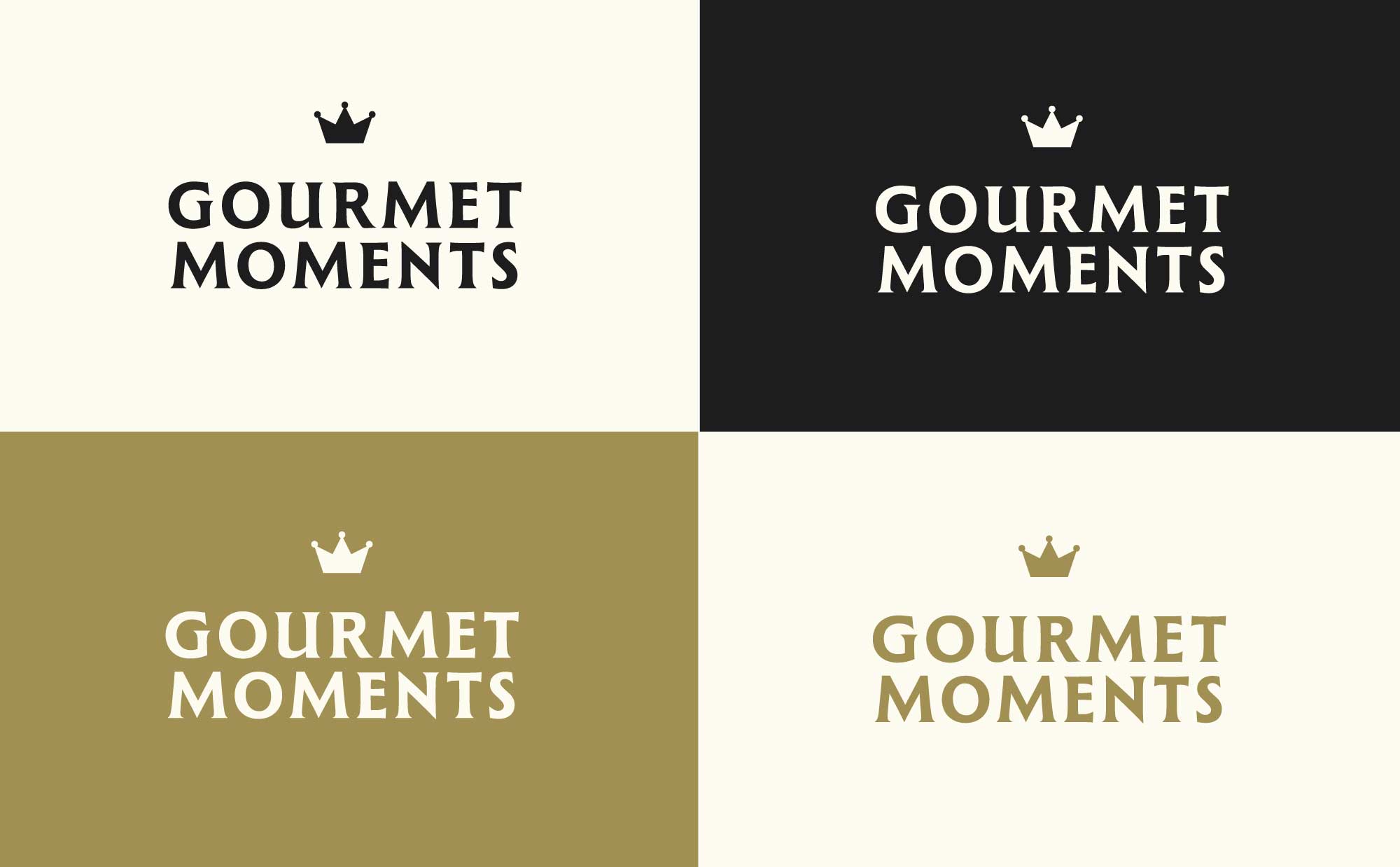 Logo variations for Gourmet Moments shown in black, white, and gold colourways.