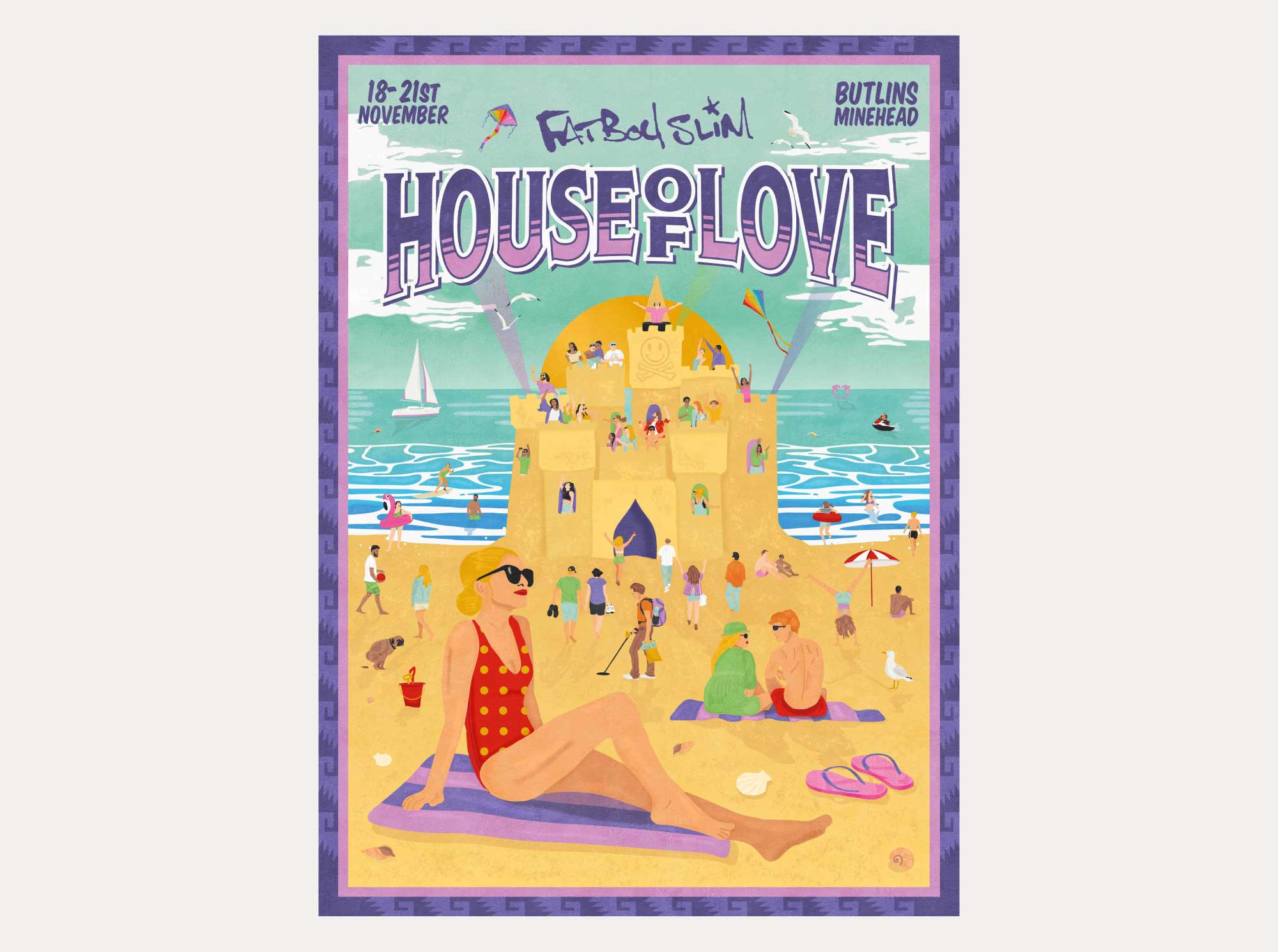 Print-ready poster for House of Love at Butlins Minehead, showcasing full event branding and festival artwork.