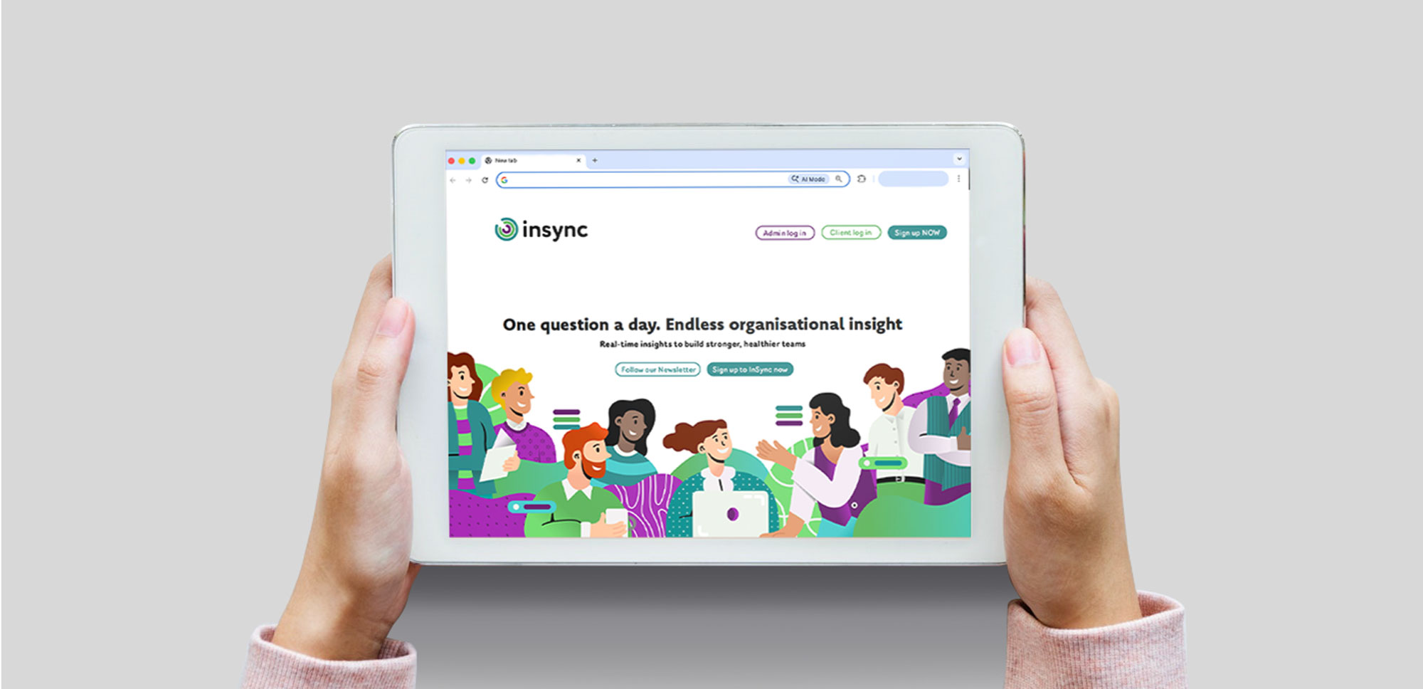 Tablet mock-up displaying the Insync hero illustration with homepage text and call-to-action elements.