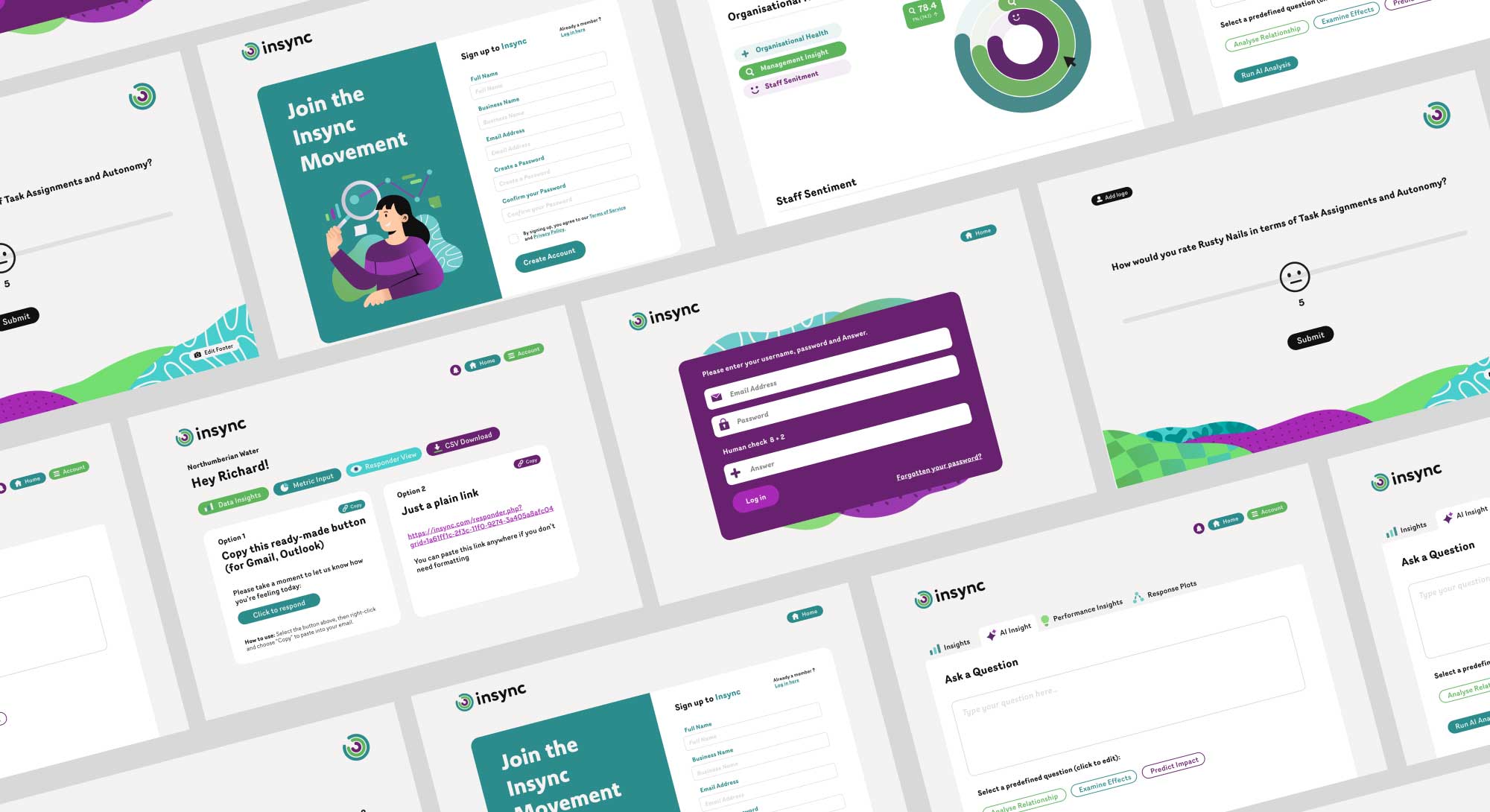 Examples of website design showing the application of Insync’s colour palette, illustrations, and iconography across pages.