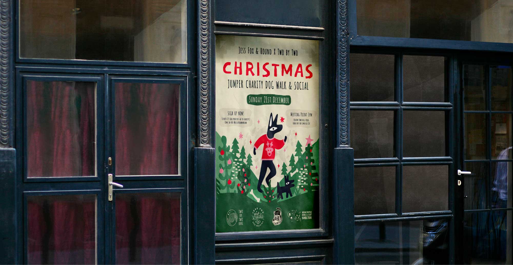 Mock up of the Chirstmas Jumper Dog Walk poster in situ