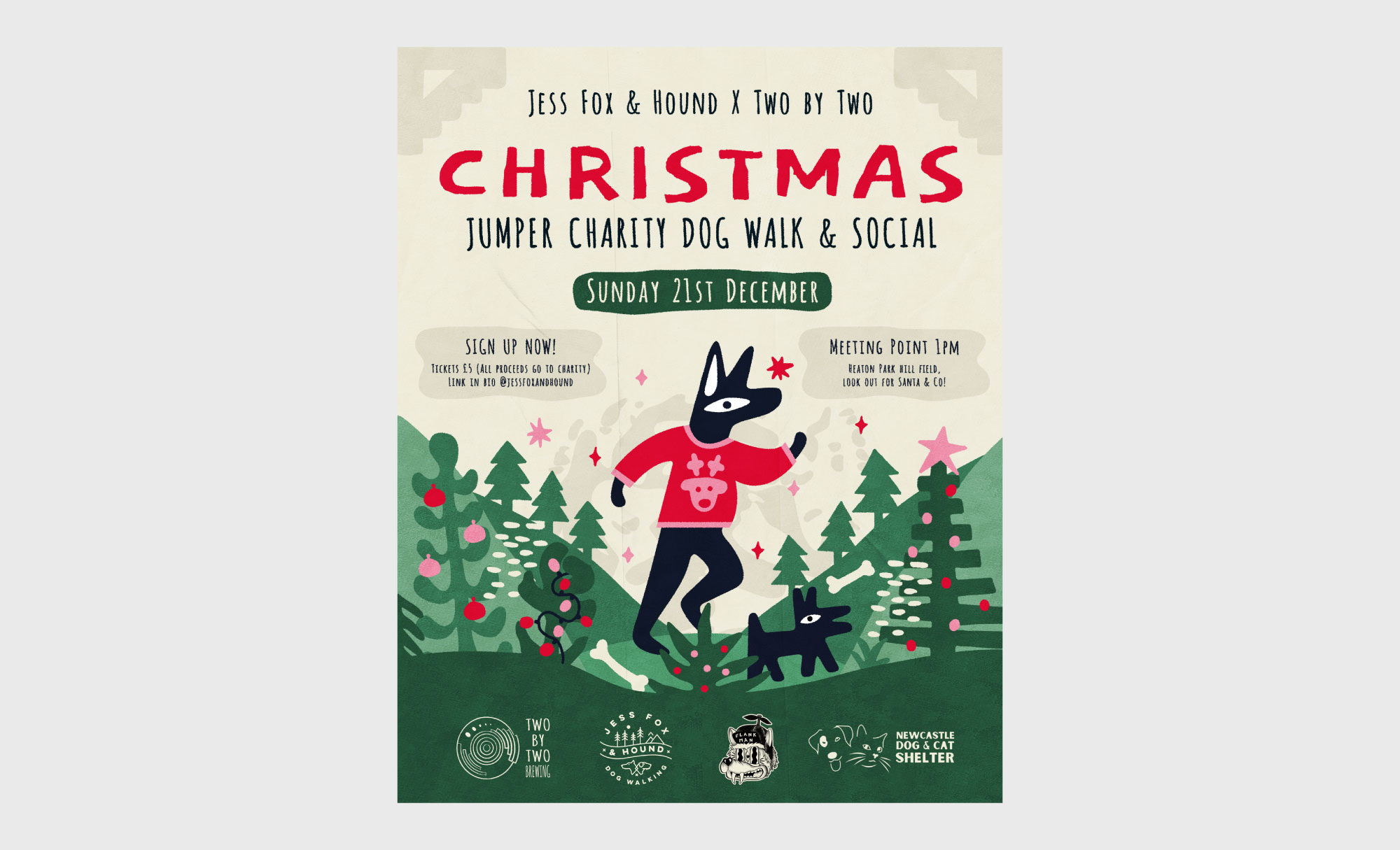 Poster design for the Christmas Jumper dog walking event hosted by Two by Two Brewery