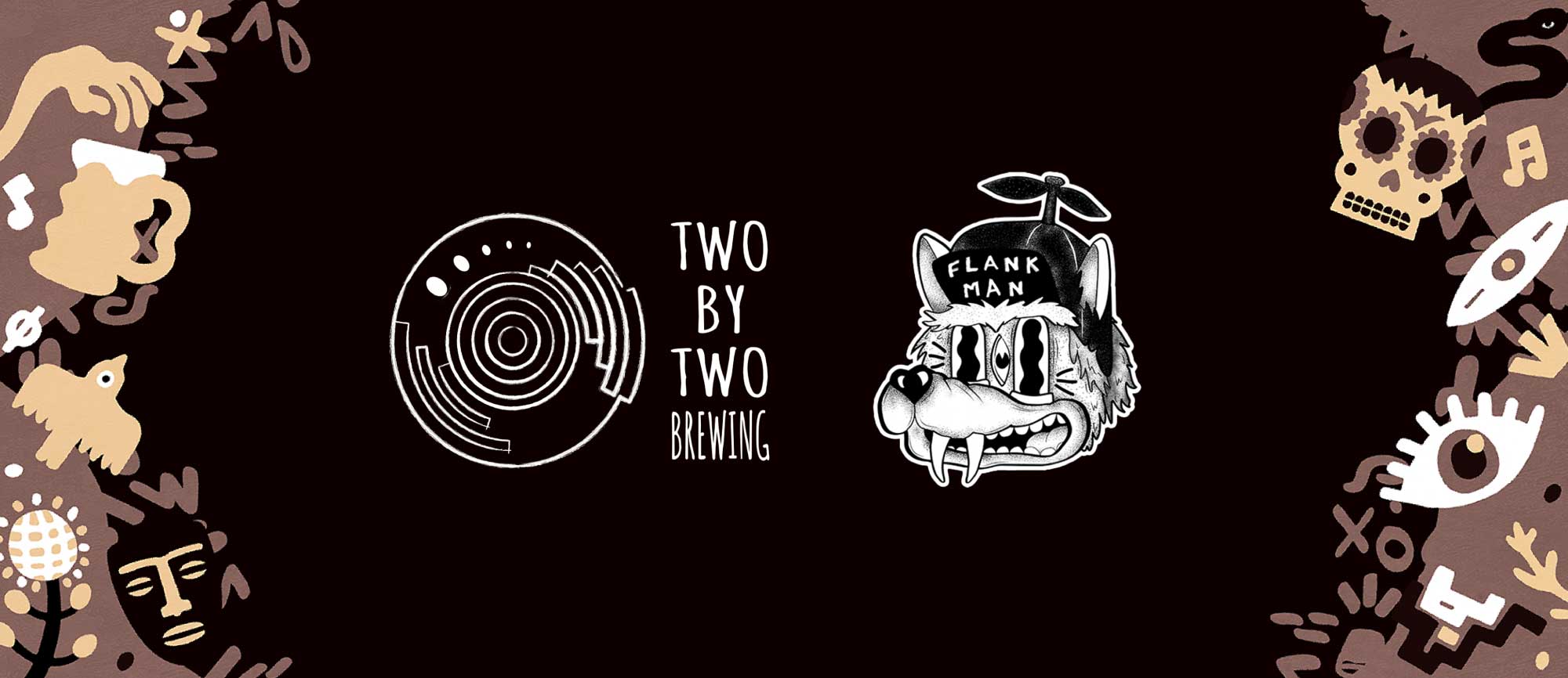 Cover image for the Flankman and Two by Two Brewery, with a dark background and various latin inspired illustrations